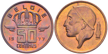 БЕЛЬГИЯ 50 САНТИМОВ 1977 BELGIE, БОДУЭН I (1951-1993) KM 149.1 бронза 214-637