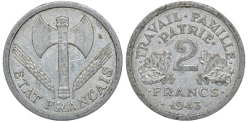 Франция 2 франка 1943 правительство Виши KM 904.1, Le Franc 270.2 алюминий 4163-653