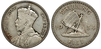 Фиджи 1 шиллинг 1934 Георг V (1910-1936), парусник KM 4 серебро 91-936