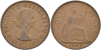 Великобритания 1 пенни 1963 Елизавета II (1952-2022) KM 897, Spink 4157 бронза 4367-116