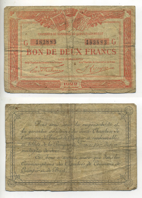 ФРАНЦИЯ 10 ФРАНКОВ 1922 РЕГИОНАЛЬНЫЙ БОН ГОРОДОВ КЕМПЕР И БРЕСТ бумага 7552-29-3