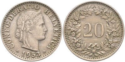ШВЕЙЦАРИЯ 20 РАППЕНОВ 1953 В KM 29a медно-никель 55-726