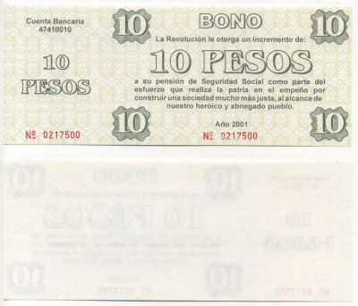 Куба талон на 10 песо 2001 увеличение фонда социальной защиты для пенсионеров и ветеранов революции, с корешком   бумага  UNC (пресс) 439-73-1-1