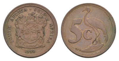 ЮАР 5 центов 1990 герб, райский журавль KM 134 сталь плакированная медью 4364-3636