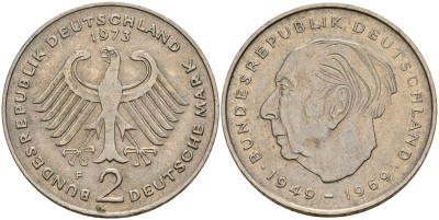 ФРГ 2 марки 1973 F, Конрад Аденауэр KM 124, J. 406 медно-никель 4159-1224