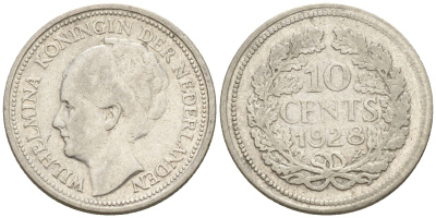 Нидерланды 10 центов 1928 Вильгельмина I (1890-1948) КМ 163 серебро    4602-524