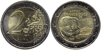 Люксембург 2 евро 2012 100 лет со дня смерти Великого герцога Люксембургского Вильгельма IV KM 121 биметалл UNC 114-946