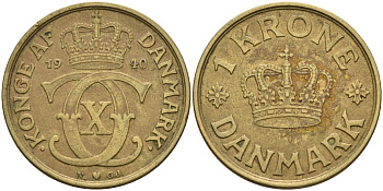 Дания 1 крона 1940 HCN; GJ, Кристиан X (1912-1947) KM 824.2 алюминиевая бронза 4587-1116