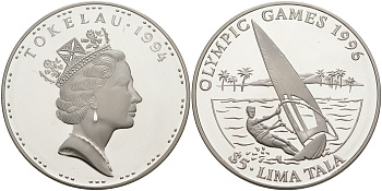 Токелау 5 тала 1994 XXVI олимпийские игры 1996 года в Атланте, парусный спорт, виндсерфинг KM 22 серебро PROOF 1074-4-63