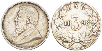 Южно-Африканская Республика - Трансвааль 3 пенса 1893 ZAR, Крюгер KM 3 серебро 1515-1934