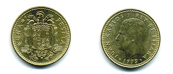 Испания 1 песета 1975 (80) Хуан Карлос I (1975-2014) KM 806 алюминиевая бронза 54-549