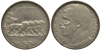 Италия 50 чентезимо 1919 R, Виктор Эммануил III (1900-1946), рубчатый гурт KM 61.2 никель 3896-921