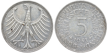 ФРГ 5 марок 1951 J (Гамбург), J. 387, KM 112.1 серебро 4178-841