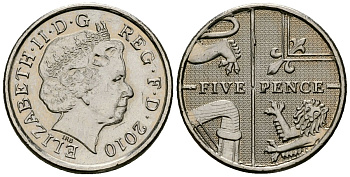 Великобритания 5 пенсов 2010 Елизавета II (1952-2022) KM 1109, Spink 4671 (D6) медно-никель 4173-811