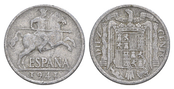 Испания 10 сентимо 1941 рыцарь на коне, Франсиско Франко (1939-1975) KM 766 алюминий 4619-1132