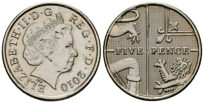 Великобритания 5 пенсов 2010 Елизавета II (1952-2022) KM 1109, Spink 4671 (D6) медно-никель 4173-811