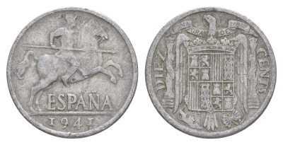 Испания 10 сентимо 1941 рыцарь на коне, Франсиско Франко (1939-1975) KM 766 алюминий 4619-1132