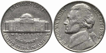 США 5 ЦЕНТОВ 1964 ДЖЕФФЕРСОН KM А132 медно-никель 113-216