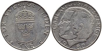 Швеция 1 крона 1980 Карл XVI Густав (1973- ) KM 852 медь плакированная медно-никелем 4397-943