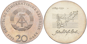 ГДР 20 марок 1975 Проба (Pattern), 225 лет со дня смерти Иоганна Себастьяна Баха J. 1555 Probe серебро 00-820-53