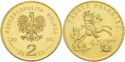 Польша 2 злотых 2008 450 лет польской почтовой службе KM 656 латунь UNC 69-1124