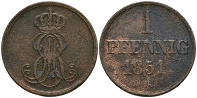 Ганновер 1 пфенниг 1851 B, Эрнст Август (1837-1851) KM 201.1, AKS 129, J. 74 медь 4608-1111
