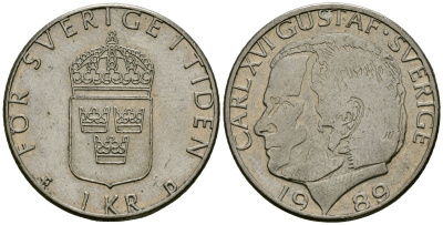 Швеция 1 крона 1989 Карл XVI Густав (1973- ) KM 852a медь плакированная медно-никелем 4176-611