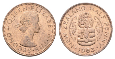 Новая Зеландия 1/2 пенни 1963 Елизавета II (1952-2022), божество Хей-Тики KM 23.2 бронза UNC M78-02