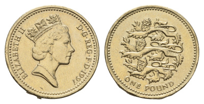 Великобритания 1 фунт 1997 Елизавета II (1952-2022), год-тип KM 975 никель латунь UNC 4675-726