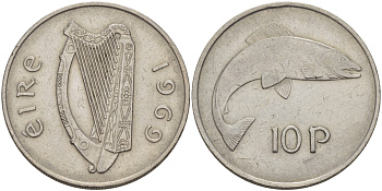 ИРЛАНДИЯ 10 ПЕНСОВ 1969 ЛОСОСЬ KM 23 медно-никель 34-152