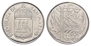 Сан-Марино 100 лир 1973 KM 28 нержавеющая сталь UNC 4648-232