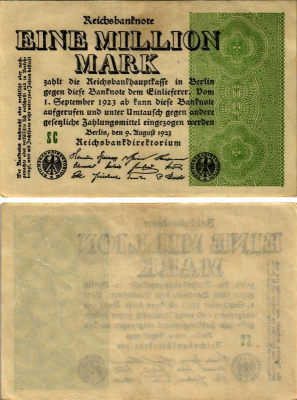 Германия 1000000 марок 1923 9 августа, тип 2, водяной знак маленькие круги Pick 102 b, Розенберг 101 b, Grabowski DEU 114 b бумага 7487-18-2-1