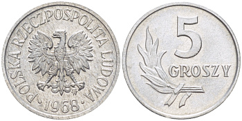 ПОЛЬША 5 ГРОШЕЙ 1968 РЕДКИЙ ГОД KM A46, Parchimowicz 204i алюминий UNC 4181-1151