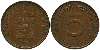 Венесуэла 5 сентимо 1974 KM 49 сталь плакированная бронзой 4576-646
