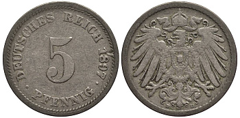 ГЕРМАНИЯ 5 ПФЕННИГОВ 1897 D KM 11, Jager 12, Weege 6 медно-никель 4547-353