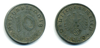 ГЕРМАНИЯ 10 РЕЙХСПФЕННИГОВ 1940 B, KM 101, J. 371 цинк 46-1763