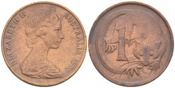 АВСТРАЛИЯ 1 ЦЕНТ 1975 ЕЛИЗАВЕТА II, МОЛОДОЙ ПОРТРЕТ, ОПОССУМ КМ 62 бронза 3955-455