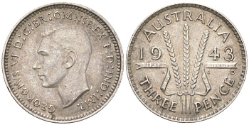 Австралия 3 пенса 1943 D, Георг V (1936-1952) KM 37 серебро 4621-1154