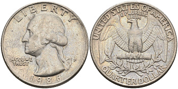 США 25 центов = квотер 1986 P, Вашингтон KM A164a медь плакированная медно-никелем 4584-1234