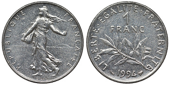 Франция 1 франк 1994 сеятель KM 925.1, Le Franc 226.42 никель 4128-442