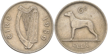 Ирландия 6 пенсов 1959 ирландский волкодав KM 11a медно-никель 4132-336