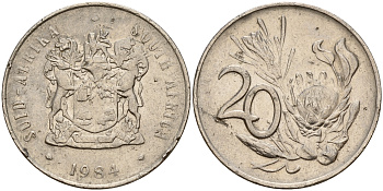 ЮАР 20 центов 1984 герб, цветок протея KM 86  никель    4601-913