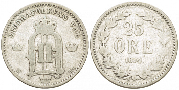 Швеция 25 эре 1874 ST, Оскар II (1872-1907) король Швеции и Норвегии KM 738 (518) серебро 3309-845