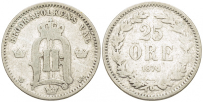 Швеция 25 эре 1874 ST, Оскар II (1872-1907) король Швеции и Норвегии KM 738 (518) серебро 3309-845