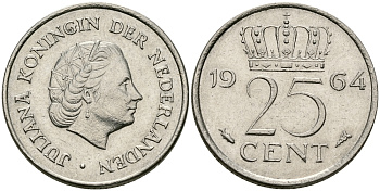 НИДЕРЛАНДЫ 25 ЦЕНТОВ 1964 ЮЛИАНА KM 183 никель 96-158