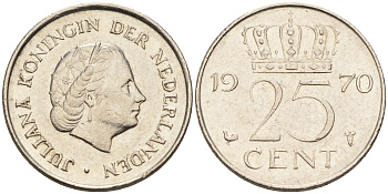 Нидерланды 25 центов 1970 Юлиана (1949-1980) KM 183 никель    4174-657