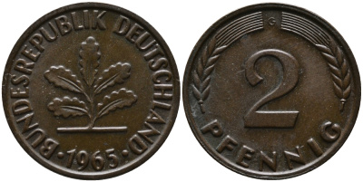 ФРГ 2 пфеннига 1965 G KM 106, J.381 бронза 99-139