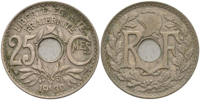 Франция 25 сантимов 1930 KM 867a, Le Franc 171.7 медно-никель 4143-434