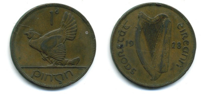 Ирландия 1 пенни 1928 курица с цыплятами KM 3 бронза 57-726