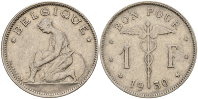 Бельгия 1 франк 1930 Belgique KM 89 никель    4161-1215